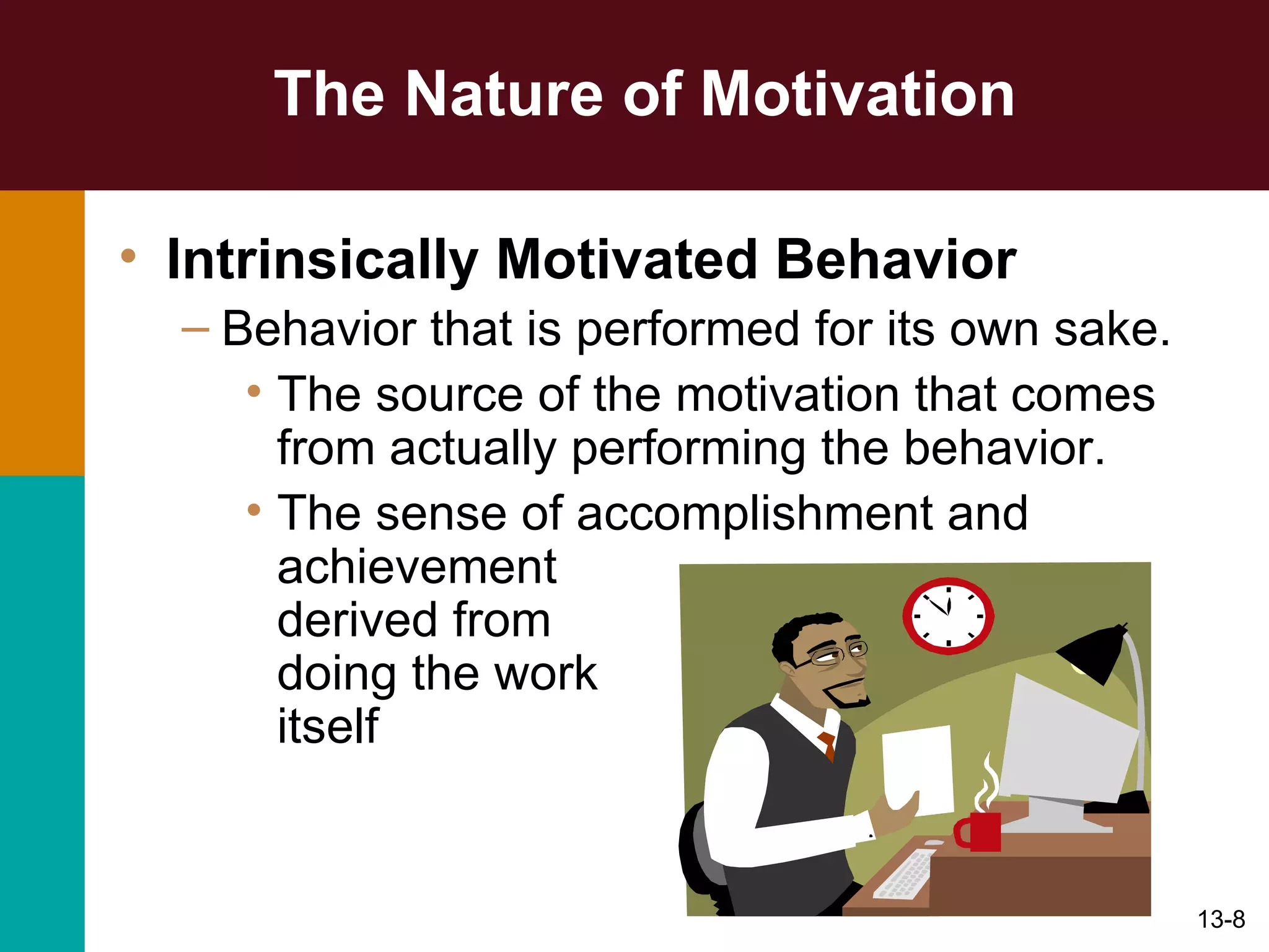 The Nature of Motivation Intrinsically Motivated Behavior Behavior that is performed for its own sake. The source of the motivation that comes from actually performing the behavior. The sense of accomplishment and achievement  derived from  doing the work  itself 