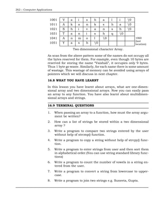 262 :: Computer Applications



                          1001      V     a      i    s    h    a     l    i     0
                          1011      A     k      a    n    k    s     h    a     0
                          1021      S     h      i    v    a    n     s    h     0
                          1031      T     a      n    i    s    h     q    0
                          1041      A     n      m    o    l    0                    1060
                                                                                      (last
                          1051      Y     a      s    h    0                         location)

                                              Two dimensional character Array.

                        As scan from the above pattern some of the names do not occupy all
                        the bytes reserved for them. For example, even though 10 bytes are
                        reserved for storing the name “Vaishali”, it occupies only 9 bytes.
                        Thus 1 byte go waste. Similarly, for each name there is some amount
                        of wastage. This wastage of memory can be avoided using arrays of
                        pointers which we will discuss in next chapter.

                        16.8 WHAT YOU HAVE LEARNT

                        In this lesson you have learnt about arrays, what are one-dimen-
                        sional array and two dimensional arrays. Now you can easily pass
                        an array to any function. You have also learnt about multidimen-
                        sional arrays and strings.

                        16.9 TERMINAL QUESTIONS

                        1.     When passing an array to a function, how must the array argu-
                               ment be written?
                        2.     How can a list of strings be stored within a two dimensional
                               array ?
                        3.     Write a program to compare two strings entered by the user
                               without help of strcmp() function.
                        4.     Write a program to copy a string without help of strcpy() func-
                               tion.
                        5.     Write a program to enter strings from user and then sort them
                               in alphabetical order.(You can use string standard library func-
                               tions)
                        6.     Write a program to count the number of vowels in a string en-
                               tered from the user.
                        7.     Write a program to convert a string from lowercase to upper-
                               case.
                        8.     Write a program to join two strings e.g. Suneeta, Gupta.
 