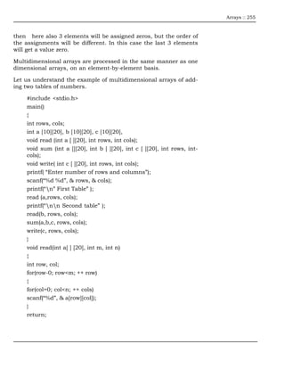 Arrays :: 255



then here also 3 elements will be assigned zeros, but the order of
the assignments will be different. In this case the last 3 elements
will get a value zero.

Multidimensional arrays are processed in the same manner as one
dimensional arrays, on an element-by-element basis.

Let us understand the example of multidimensional arrays of add-
ing two tables of numbers.

    #include <stdio.h>
    main()
    {
    int rows, cols;
    int a [10][20], b [10][20], c [10][20],
    void read (int a [ ][20], int rows, int cols);
    void sum (int a [][20], int b [ ][20], int c [ ][20], int rows, int-
    cols);
    void write( int c [ ][20], int rows, int cols);
    printf( “Enter number of rows and columns”);
    scanf(“%d %d”, & rows, & cols);
    printf(“n” First Table” );
    read (a,rows, cols);
    printf(“nn Second table” );
    read(b, rows, cols);
    sum(a,b,c, rows, cols);
    write(c, rows, cols);
    }
    void read(int a[ ] [20], int m, int n)
    {
    int row, col;
    for(row-0; row<m; ++ row)
    {
    for(col=0; col<n; ++ cols)
    scanf(“%d”, & a[row][col]);
    }
    return;
 