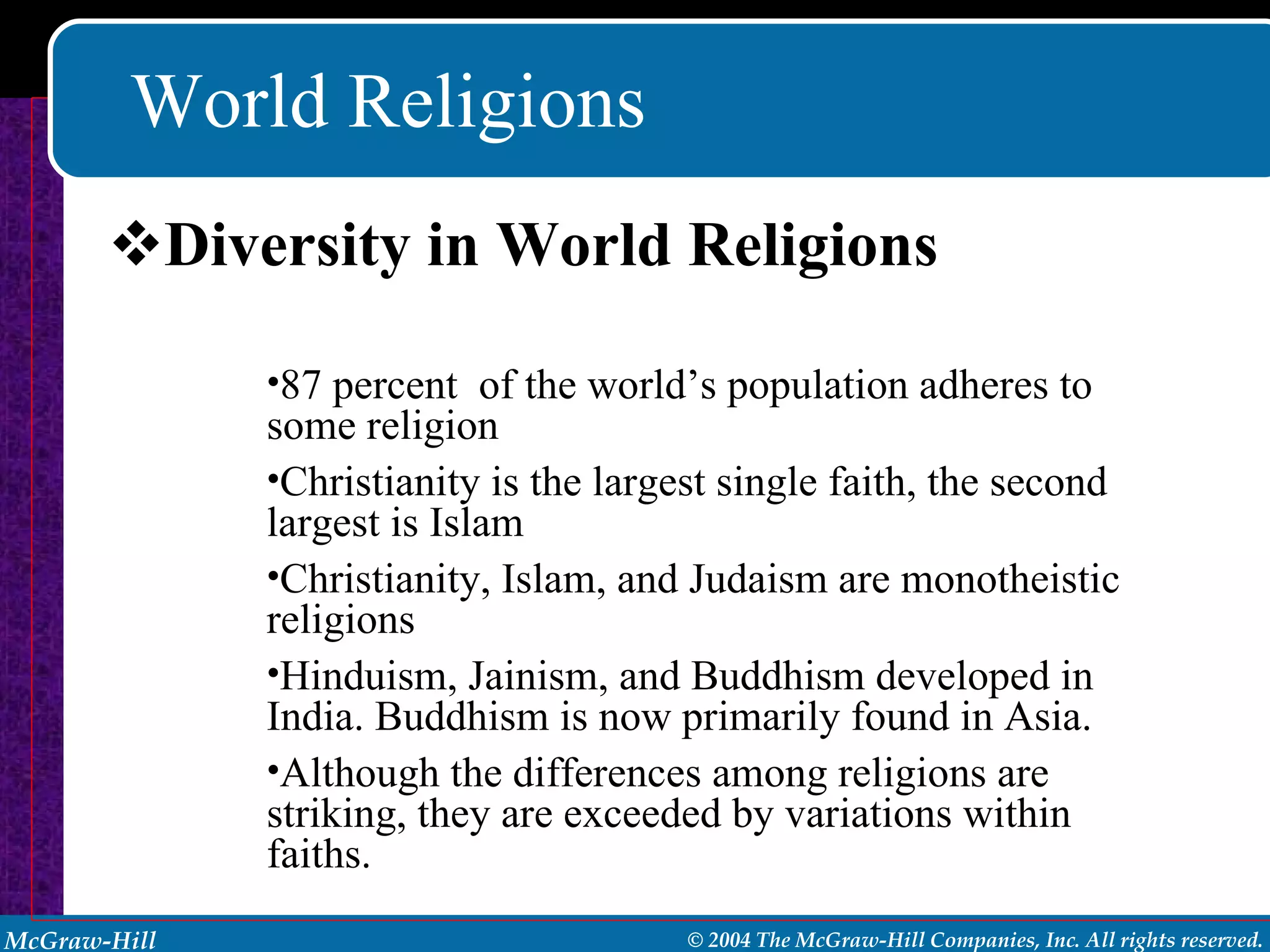 World Religions Diversity in World Religions 87 percent  of the world’s population adheres to some religion Christianity is the largest single faith, the second largest is Islam Christianity, Islam, and Judaism are monotheistic religions Hinduism, Jainism, and Buddhism developed in India. Buddhism is now primarily found in Asia. Although the differences among religions are striking, they are exceeded by variations within faiths. 