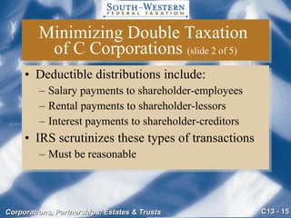 Minimizing Double Taxation  of C Corporations  (slide 2 of 5) Deductible distributions include: Salary payments to shareholder-employees Rental payments to shareholder-lessors Interest payments to shareholder-creditors IRS scrutinizes these types of transactions Must be reasonable 