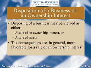 Disposition of a Business or  an Ownership Interest Disposing of a business may be viewed as either: A sale of an ownership interest, or A sale of assets Tax consequences are, in general, more favorable for a sale of an ownership interest 