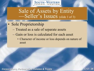 Sale of Assets by Entity  —Seller’s Issues  (slide 1 of 3) Sole Proprietorship Treated as a sale of separate assets Gain or loss is calculated for each asset Character of income or loss depends on nature of asset 