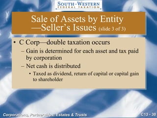 Sale of Assets by Entity  —Seller’s Issues  (slide 3 of 3) C Corp—double taxation occurs Gain is determined for each asset and tax paid by corporation Net cash is distributed Taxed as dividend, return of capital or capital gain to shareholder 