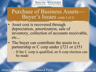 Purchase of Business Assets—Buyer’s Issues  (slide 2 of 2) Asset cost is recovered through depreciation, amortization, sale of inventory, collection of accounts receivable, etc... The buyer can contribute the assets to a partnership or C corp under  § 721 or  § 351 If the C corp is qualified, an S corp election can be made 