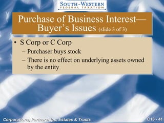Purchase of Business Interest—Buyer’s Issues  (slide 3 of 3) S Corp or C Corp Purchaser buys stock There is no effect on underlying assets owned by the entity 