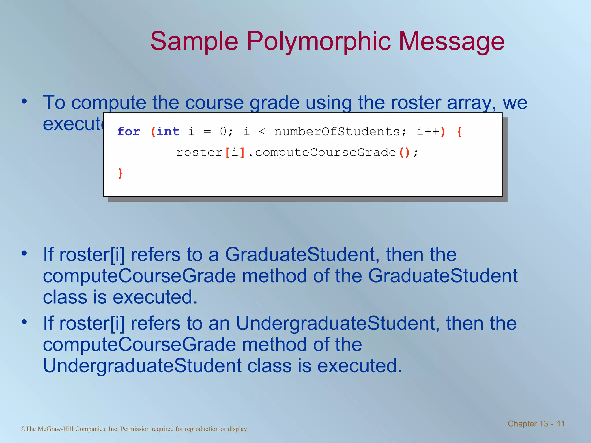 Sample Polymorphic Message To compute the course grade using the roster array, we execute If roster[i] refers to a GraduateStudent, then the computeCourseGrade method of the GraduateStudent class is executed.  If roster[i] refers to an UndergraduateStudent, then the computeCourseGrade method of the UndergraduateStudent class is executed. for   ( int   i = 0; i < numberOfStudents; i++ ) { roster [ i ] .computeCourseGrade () ; } 