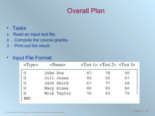 Overall Plan Tasks 1.  Read an input text file. 2.  Compute the course grades. 3.  Print out the result. Input File Format 