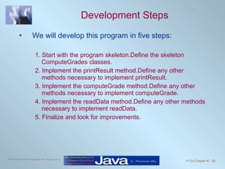 Development Steps We will develop this program in five steps: 1. Start with the program skeleton.Define the skeleton ComputeGrades classes. 2. Implement the printResult method.Define any other methods necessary to implement printResult. 3. Implement the computeGrade method.Define any other methods necessary to implement computeGrade. 4. Implement the readData method.Define any other methods necessary to implement readData. 5. Finalize and look for improvements. 
