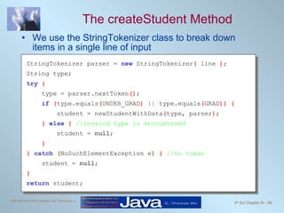 The createStudent Method We use the StringTokenizer class to break down items in a single line of input StringTokenizer parser =  new   StringTokenizer (  line  ) ; String type; try   { type = parser.nextToken () ; if   ( type.equals ( UNDER_GRAD )  || type.equals ( GRAD )) { student = newStudentWithData ( type, parser ) ; }  else   {  //invalid type is encountered student =  null ; } }  catch   ( NoSuchElementException e ) {  //no token student =  null ; } return   student; 