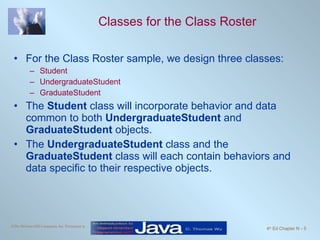 Classes for the Class Roster For the Class Roster sample, we design three classes: Student UndergraduateStudent GraduateStudent The  Student  class will incorporate behavior and data common to both  UndergraduateStudent  and  GraduateStudent  objects. The  UndergraduateStudent  class and the  GraduateStudent  class will each contain behaviors and data specific to their respective objects. 
