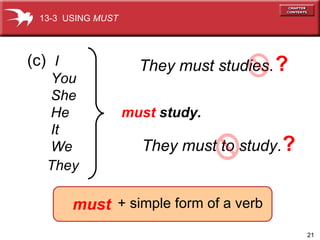 (c)  I You She He It We They   must  study. They must studies . ? They must to study . ? must +   simple form of a verb 13-3  USING  MUST 