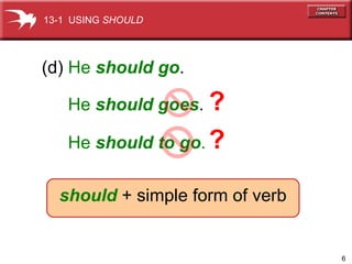 He  should goes . (d)  He  should go . ? He  should to go . ? 13-1  USING  SHOULD should   + simple form of verb 