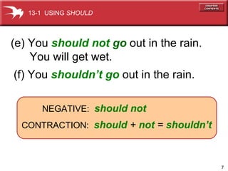 (e) You   should not   go  out in the rain.  You will get wet. NEGATIVE:   should not (f) You   shouldn’t   go  out   in the rain.  CONTRACTION:   should  +  not  =  shouldn’t 13-1  USING  SHOULD 