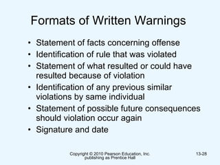 Formats of Written Warnings  Statement of facts concerning offense Identification of rule that was violated Statement of what resulted or could have resulted because of violation Identification of any previous similar violations by same individual Statement of possible future consequences should violation occur again Signature and date  