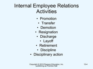 Internal Employee Relations Activities Promotion Transfer Demotion Resignation Discharge Layoff Retirement Discipline Disciplinary action 