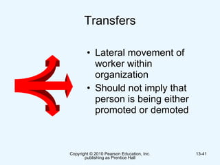 Transfers Lateral movement of worker within  organization Should not imply that  person is being either promoted or demoted  