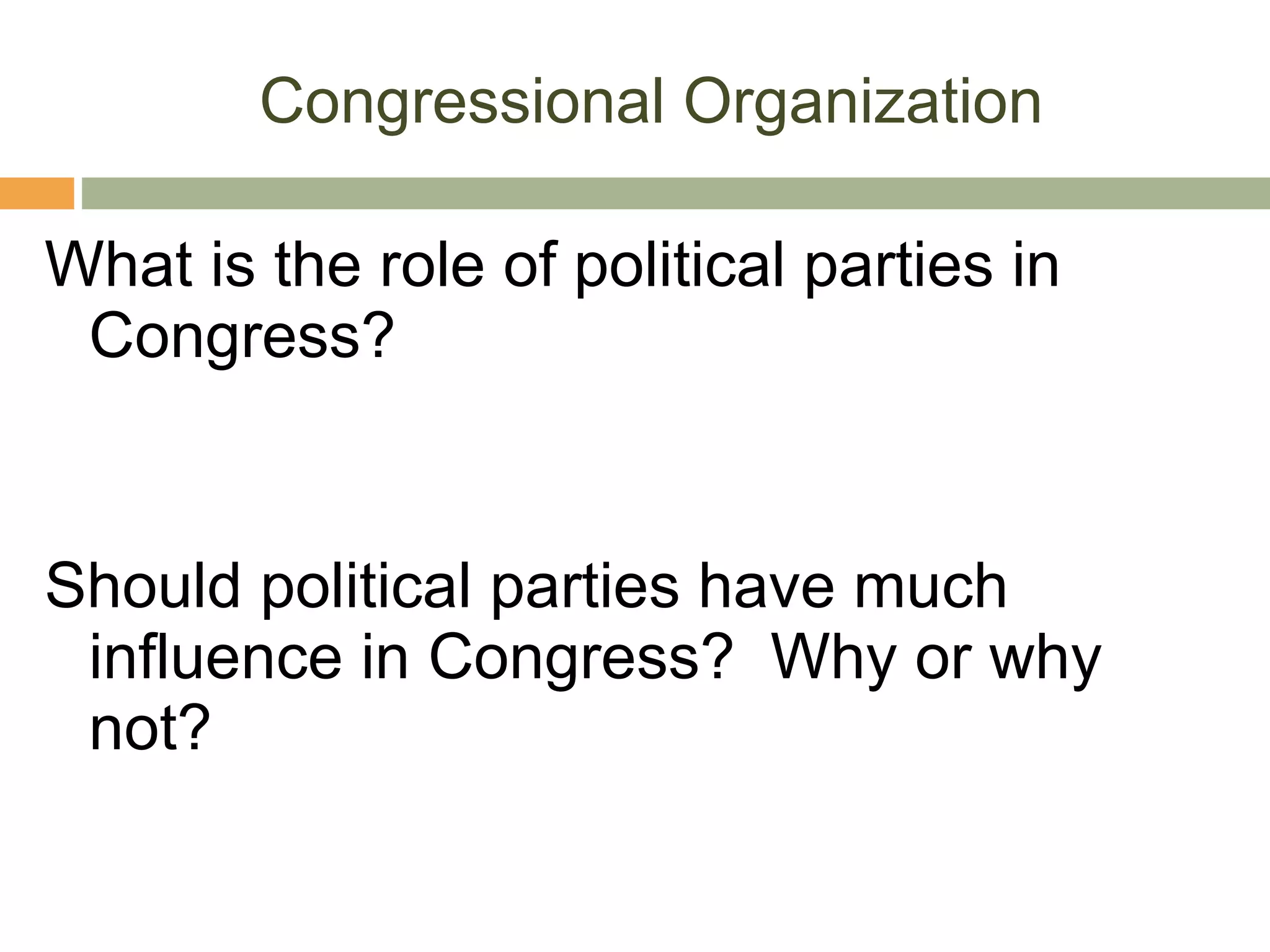 Congressional Organization What is the role of political parties in Congress? Should political parties have much influence in Congress?  Why or why not? 