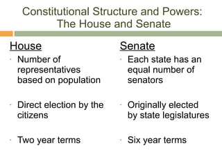 Constitutional Structure and Powers:  The House and Senate House Number of representatives based on population Direct election by the citizens Two year terms Senate Each state has an equal number of senators Originally elected by state legislatures Six year terms 