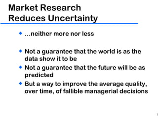 Market Research  Reduces Uncertainty … neither more nor less Not a guarantee that the world is as the data show it to be Not a guarantee that the future will be as predicted But a way to improve the average quality, over time, of fallible managerial decisions 