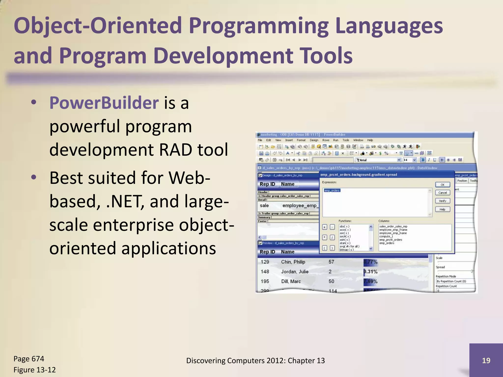 Object-Oriented Programming Languages
and Program Development Tools
    • PowerBuilder is a
      powerful program
      development RAD tool
    • Best suited for Web-
      based, .NET, and large-
      scale enterprise object-
      oriented applications




Page 674               Discovering Computers 2012: Chapter 13   19
Figure 13-12
 
