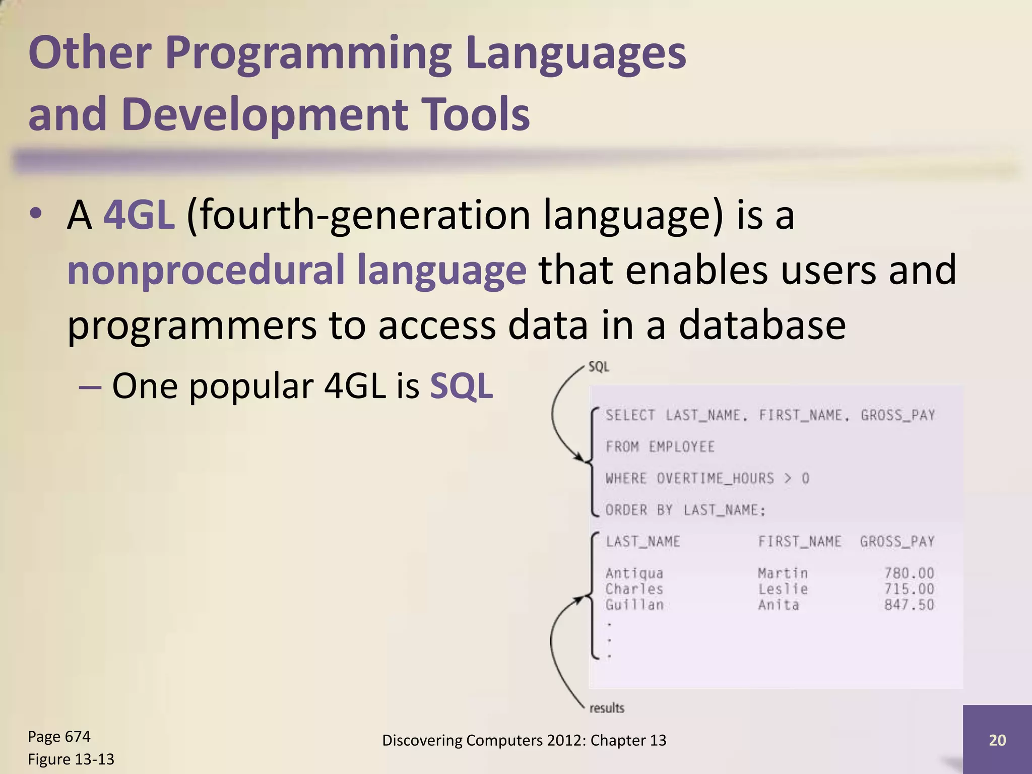 Other Programming Languages
and Development Tools
• A 4GL (fourth-generation language) is a
  nonprocedural language that enables users and
  programmers to access data in a database
       – One popular 4GL is SQL




Page 674                Discovering Computers 2012: Chapter 13   20
Figure 13-13
 