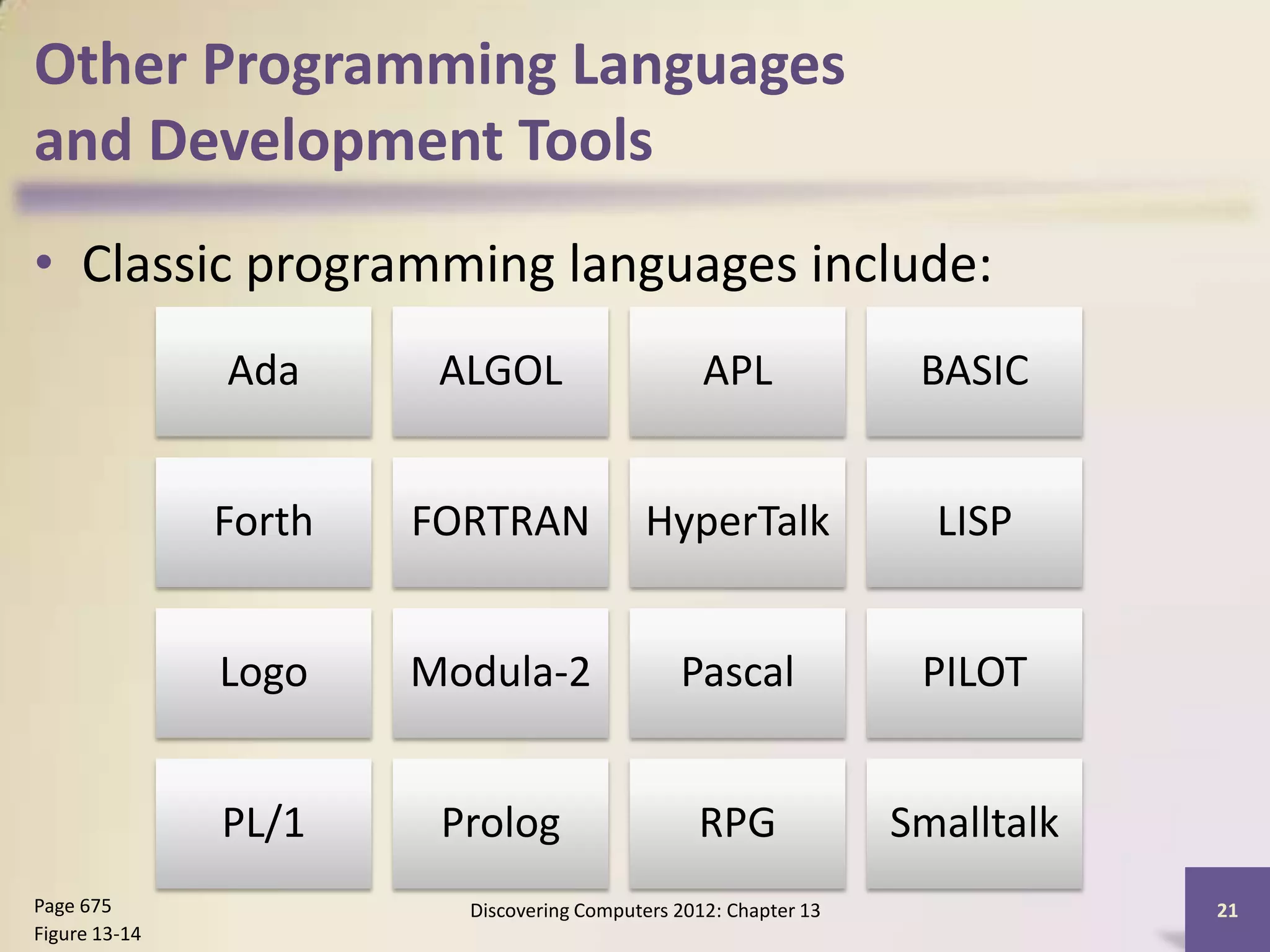 Other Programming Languages
and Development Tools
• Classic programming languages include:
               Ada      ALGOL                     APL              BASIC


               Forth   FORTRAN             HyperTalk                LISP


               Logo    Modula-2                Pascal              PILOT


               PL/1     Prolog                   RPG              Smalltalk
Page 675                 Discovering Computers 2012: Chapter 13               21
Figure 13-14
 