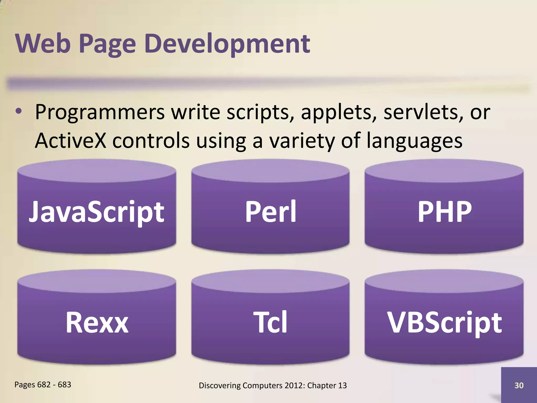 Web Page Development

• Programmers write scripts, applets, servlets, or
  ActiveX controls using a variety of languages


   JavaScript                  Perl                            PHP


             Rexx                Tcl                         VBScript
Pages 682 - 683     Discovering Computers 2012: Chapter 13              30
 