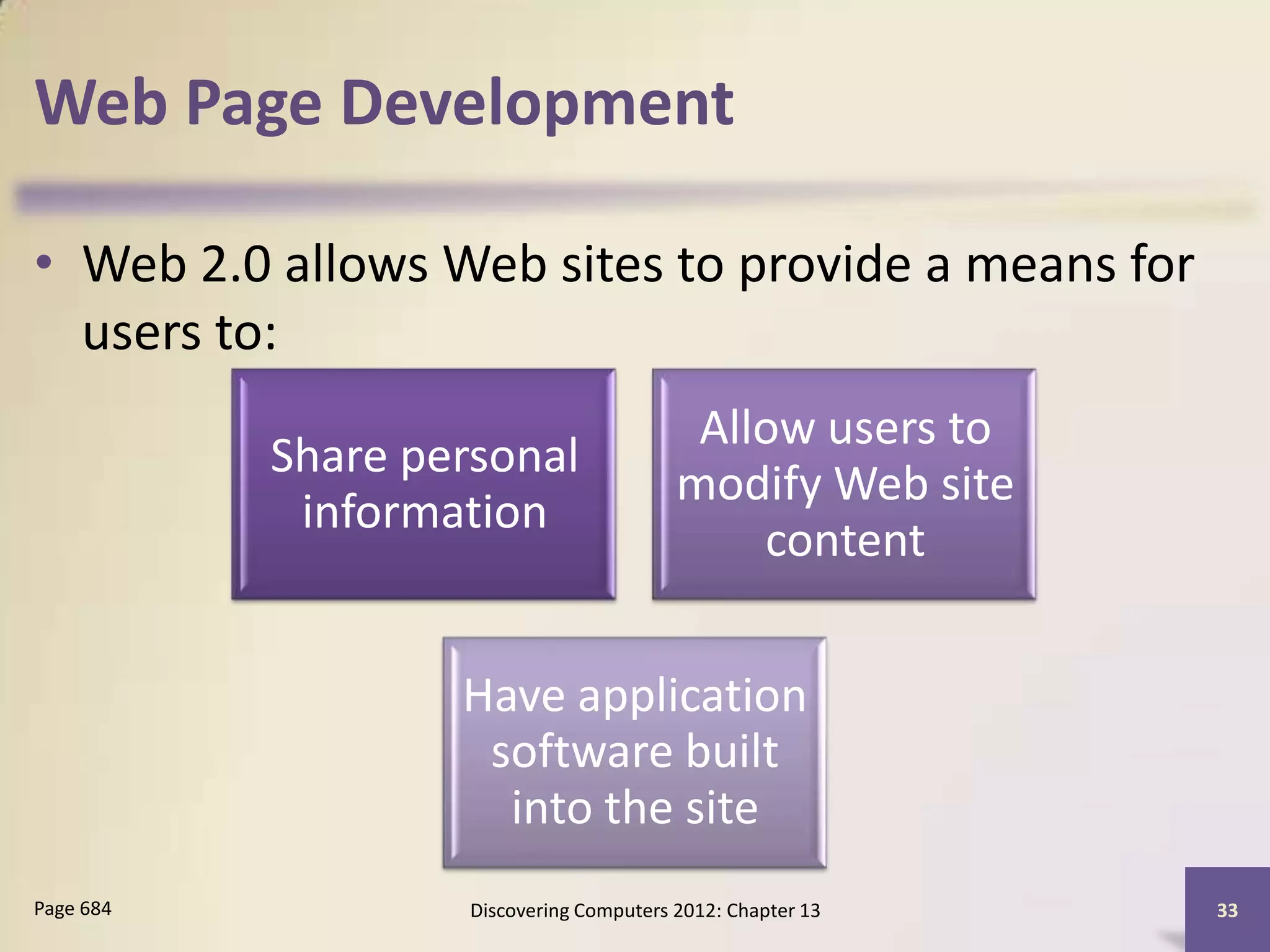 Web Page Development

• Web 2.0 allows Web sites to provide a means for
  users to:
                                           Allow users to
           Share personal
                                          modify Web site
            information
                                              content


                   Have application
                    software built
                     into the site
Page 684            Discovering Computers 2012: Chapter 13   33
 