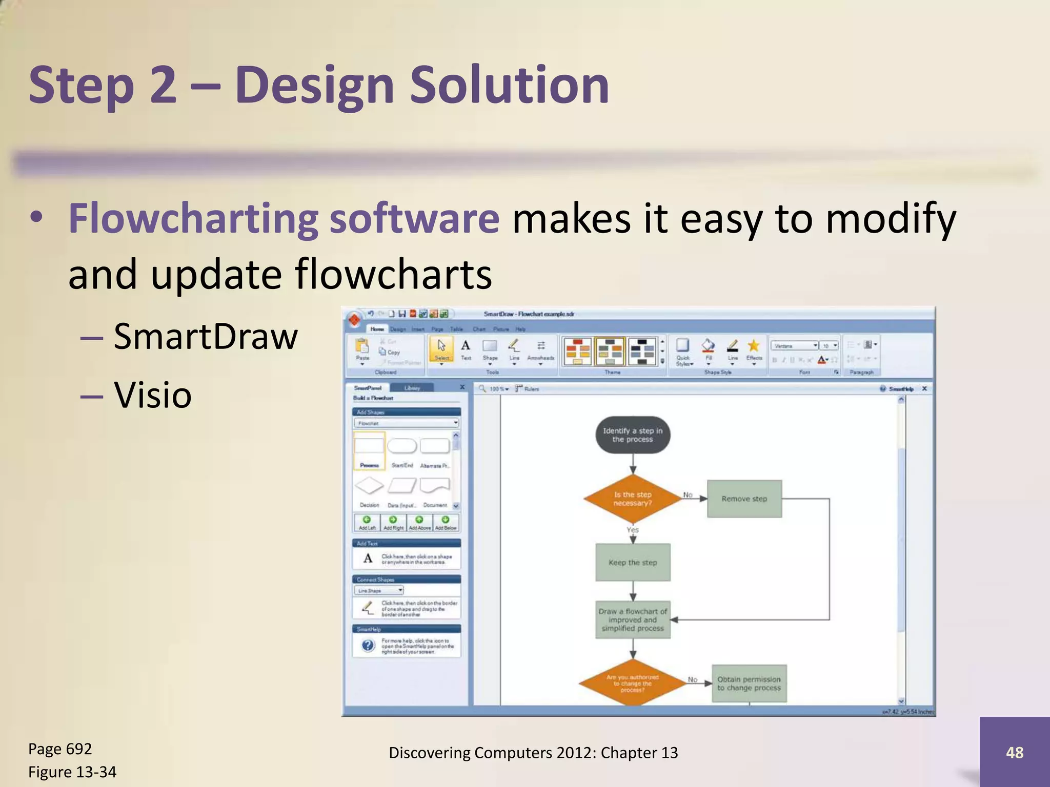 Step 2 – Design Solution

• Flowcharting software makes it easy to modify
  and update flowcharts
       – SmartDraw
       – Visio




Page 692             Discovering Computers 2012: Chapter 13   48
Figure 13-34
 