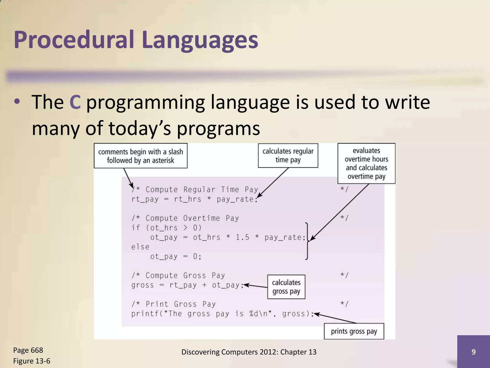 Procedural Languages

• The C programming language is used to write
  many of today’s programs




Page 668          Discovering Computers 2012: Chapter 13   9
Figure 13-6
 