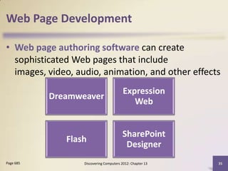 Web Page Development

• Web page authoring software can create
  sophisticated Web pages that include
  images, video, audio, animation, and other effects
                                         Expression
           Dreamweaver
                                            Web


                                        SharePoint
              Flash
                                         Designer
Page 685          Discovering Computers 2012: Chapter 13   35
 