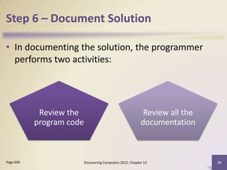 Step 6 – Document Solution

• In documenting the solution, the programmer
  performs two activities:




            Review the                                       Review all the
           program code                                     documentation



Page 696                  Discovering Computers 2012: Chapter 13              54
 