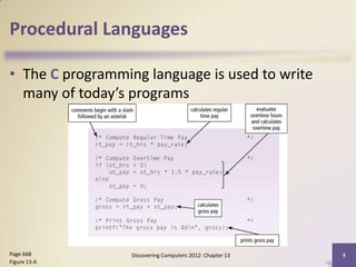 Procedural Languages

• The C programming language is used to write
  many of today’s programs




Page 668          Discovering Computers 2012: Chapter 13   9
Figure 13-6
 
