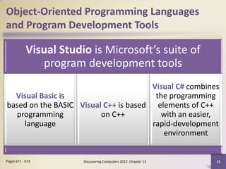 Object-Oriented Programming Languages
and Program Development Tools

            Visual Studio is Microsoft’s suite of
               program development tools
                                       Visual C# combines
  Visual Basic is                       the programming
based on the BASIC Visual C++ is based elements of C++
  programming            on C++          with an easier,
    language                           rapid-development
                                          environment


Pages 671 - 673         Discovering Computers 2012: Chapter 13   15
 