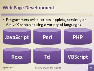 Web Page Development

• Programmers write scripts, applets, servlets, or
  ActiveX controls using a variety of languages


   JavaScript                  Perl                            PHP


             Rexx                Tcl                         VBScript
Pages 682 - 683     Discovering Computers 2012: Chapter 13              30
 