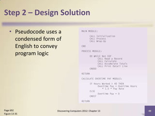 Step 2 – Design Solution

    • Pseudocode uses a
      condensed form of
      English to convey
      program logic




Page 692             Discovering Computers 2012: Chapter 13   49
Figure 13-35
 