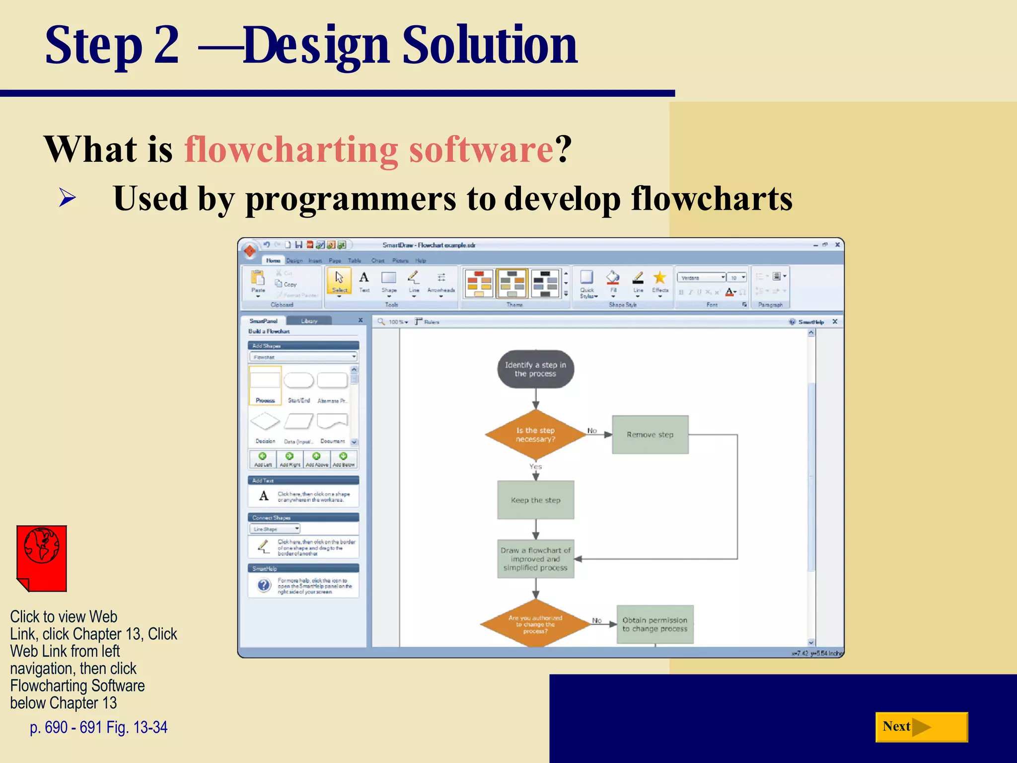 Step 2 — Design Solution What is  flowcharting software ? p. 690 - 691 Fig. 13-34 Used by programmers to develop flowcharts Next Click to view Web  Link, click Chapter 13, Click  Web Link from left  navigation, then click  Flowcharting Software below Chapter 13 