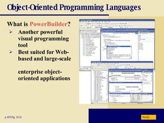 Object-Oriented Programming Languages What is  PowerBuilder ? p. 673 Fig. 13-12 Another powerful visual programming tool Best suited for Web-based and large-scale  enterprise object-oriented applications Next 