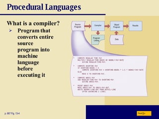 Procedural Languages What is a compiler? p. 667 Fig. 13-4 Program that converts entire source program into machine language before executing it Next 