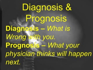 Diagnosis & Prognosis   Diagnosis –  What is Wrong with you. Prognosis –  What your physician thinks will happen next. 