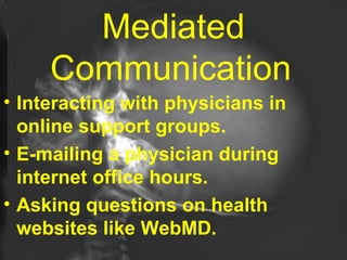 Interacting with physicians in online support groups. E-mailing a physician during internet office hours. Asking questions on health websites like WebMD. Mediated Communication   
