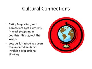 Cultural Connections
• Ratio, Proportion, and
percent are core elements
in math programs in
countries throughout the
world.
• Low performance has been
documented on items
involving proportional
thinking
 