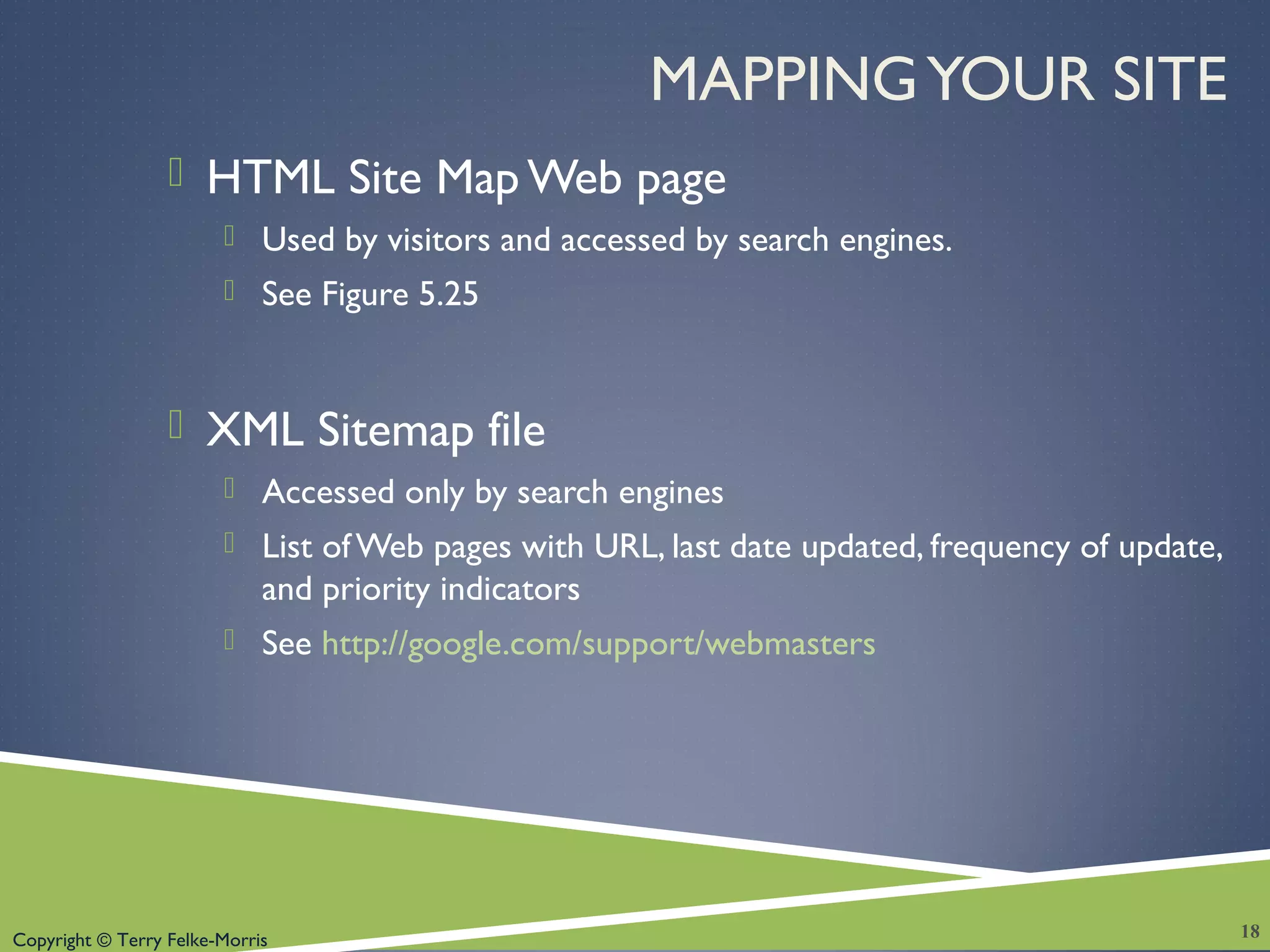 Copyright © Terry Felke-Morris
MAPPINGYOUR SITE
 HTML Site Map Web page
 Used by visitors and accessed by search engines.
 See Figure 5.25
 XML Sitemap file
 Accessed only by search engines
 List ofWeb pages with URL, last date updated, frequency of update,
and priority indicators
 See http://google.com/support/webmasters
18
 