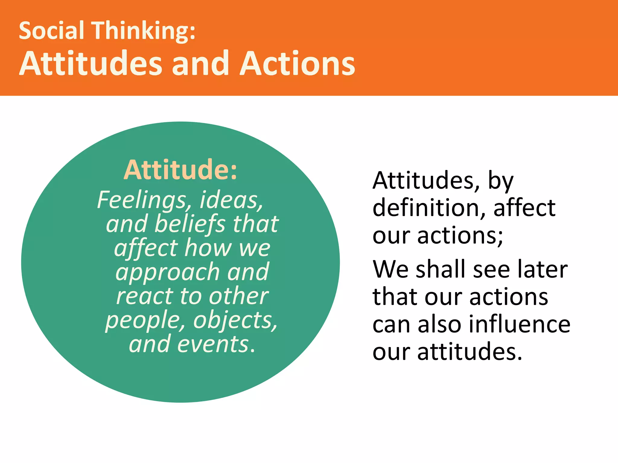 Social Thinking:

Attitudes and Actions
Attitude:
Feelings, ideas,
and beliefs that
affect how we
approach and
react to other
people, objects,
and events.

Attitudes, by
definition, affect
our actions;
We shall see later
that our actions
can also influence
our attitudes.

 