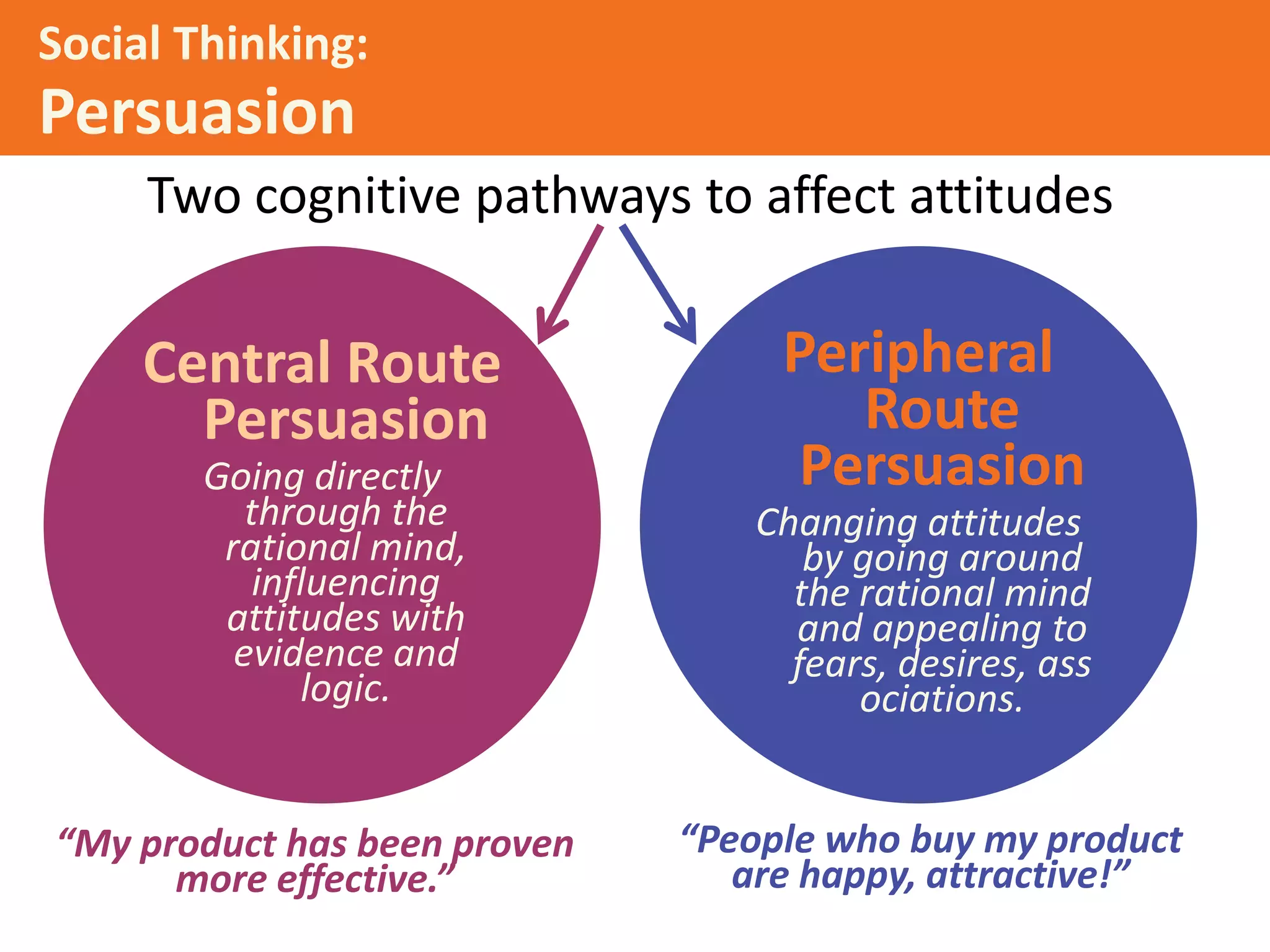 Social Thinking:

Persuasion
Two cognitive pathways to affect attitudes

Central Route
Persuasion
Going directly
through the
rational mind,
influencing
attitudes with
evidence and
logic.

“My product has been proven
more effective.”

Peripheral
Route
Persuasion
Changing attitudes
by going around
the rational mind
and appealing to
fears, desires, ass
ociations.

“People who buy my product
are happy, attractive!”

 