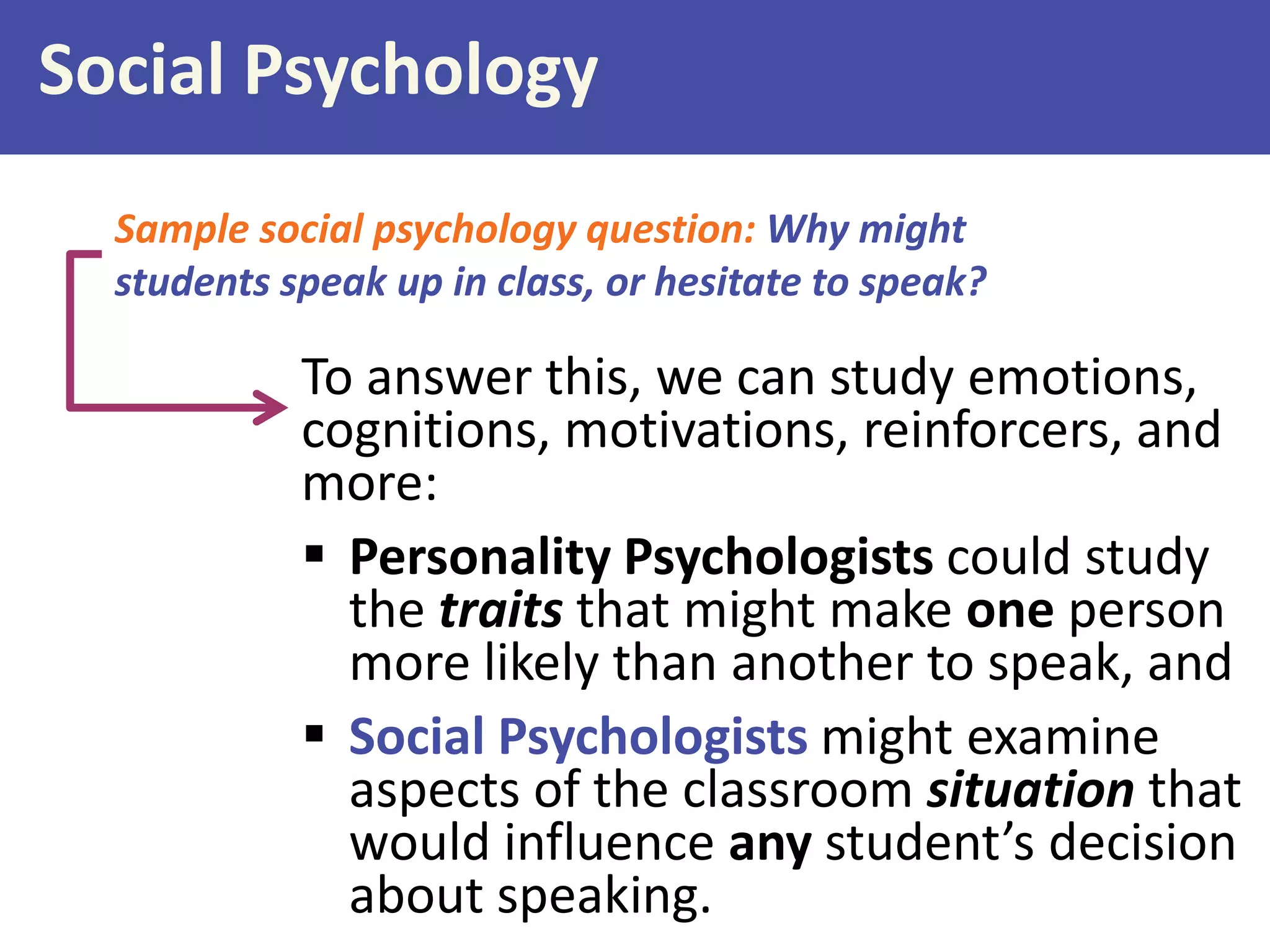 Social Psychology
Sample social psychology question: Why might
students speak up in class, or hesitate to speak?

To answer this, we can study emotions,
cognitions, motivations, reinforcers, and
more:
 Personality Psychologists could study
the traits that might make one person
more likely than another to speak, and
 Social Psychologists might examine
aspects of the classroom situation that
would influence any student’s decision
about speaking.

 