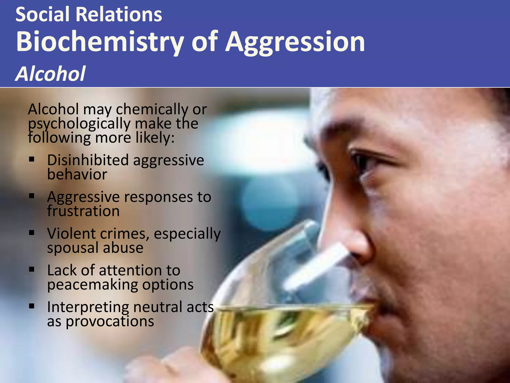 Social Relations

Biochemistry of Aggression
Alcohol
Alcohol may chemically or
psychologically make the
following more likely:
 Disinhibited aggressive
behavior
 Aggressive responses to
frustration
 Violent crimes, especially
spousal abuse
 Lack of attention to
peacemaking options
 Interpreting neutral acts
as provocations

 