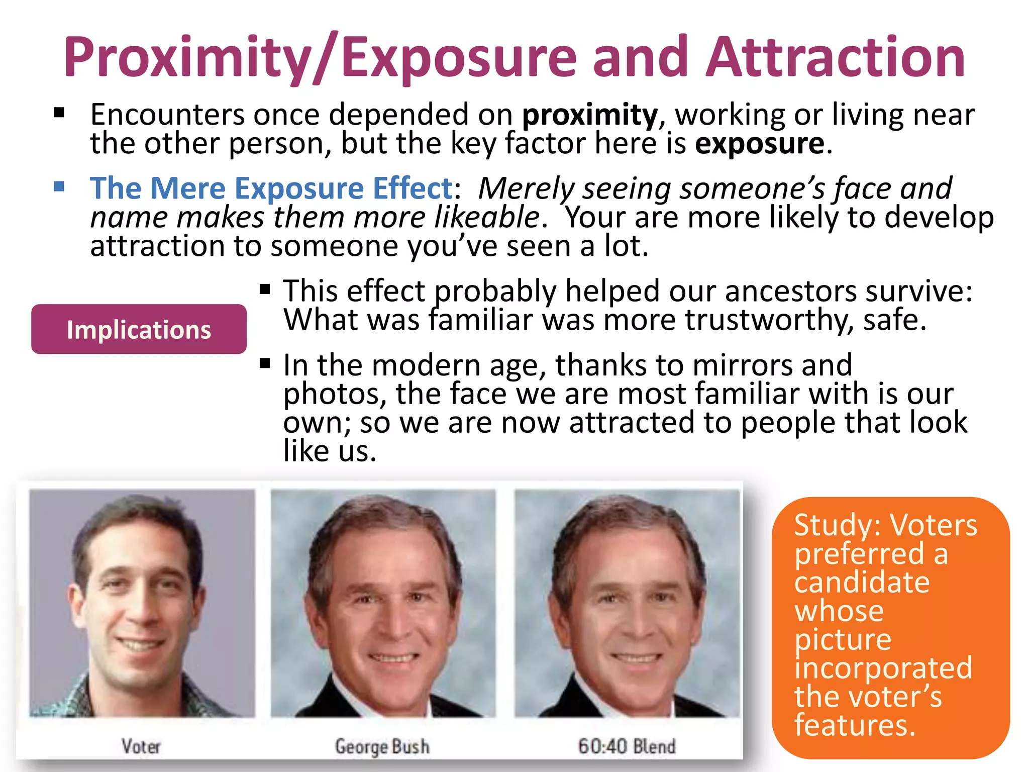 Proximity/Exposure and Attraction
 Encounters once depended on proximity, working or living near
the other person, but the key factor here is exposure.
 The Mere Exposure Effect: Merely seeing someone’s face and
name makes them more likeable. Your are more likely to develop
attraction to someone you’ve seen a lot.
 This effect probably helped our ancestors survive:
What was familiar was more trustworthy, safe.
Implications
 In the modern age, thanks to mirrors and
photos, the face we are most familiar with is our
own; so we are now attracted to people that look
like us.
Study: Voters
preferred a
candidate
whose
picture
incorporated
the voter’s
features.

 