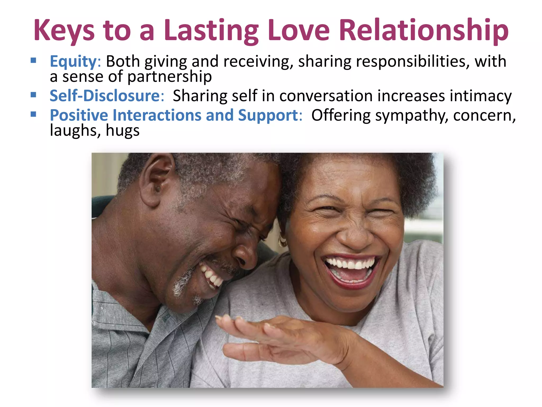 Keys to a Lasting Love Relationship
 Equity: Both giving and receiving, sharing responsibilities, with
a sense of partnership
 Self-Disclosure: Sharing self in conversation increases intimacy
 Positive Interactions and Support: Offering sympathy, concern,
laughs, hugs

 